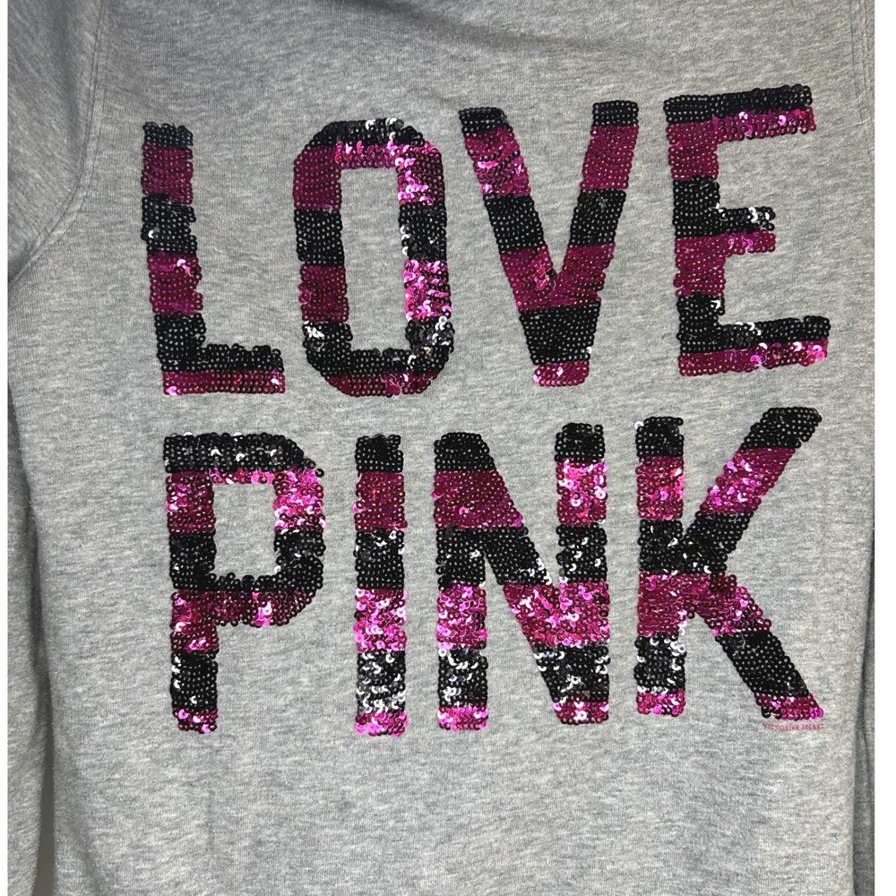 Victoria's Secret PINK Vintage Gray Sequin Logo Zip Up Hoodie Sweatshirt XS Y2K
